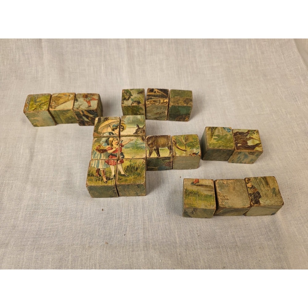 Antique Wooden Block Picture Puzzle 19 Pieces.